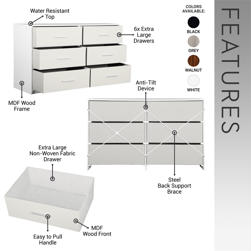 Pemberly Row Modern 6-Drawer Dresser with Large Fabric Drawers in White