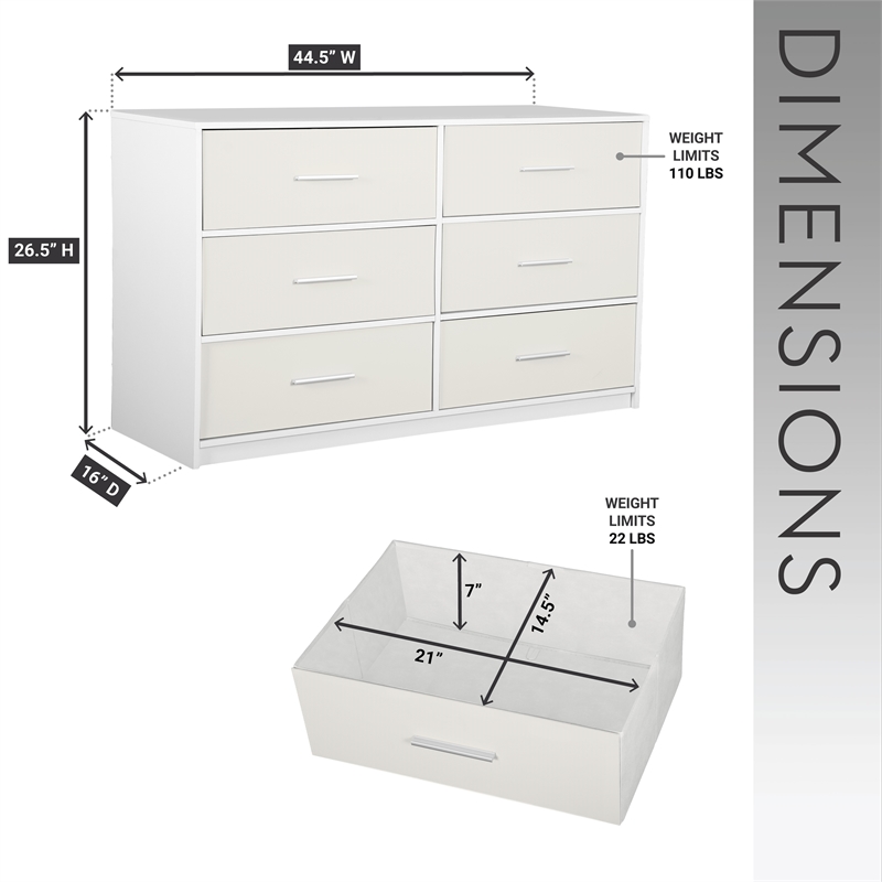 Pemberly Row Modern 6-Drawer Dresser with Large Fabric Drawers in White