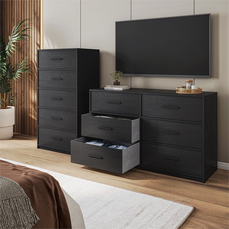 Pemberly Row Modern 6-Drawer Dresser with Large Fabric Drawers in Black