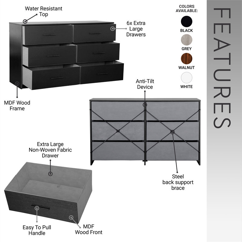 Pemberly Row Modern 6-Drawer Dresser with Large Fabric Drawers in Black