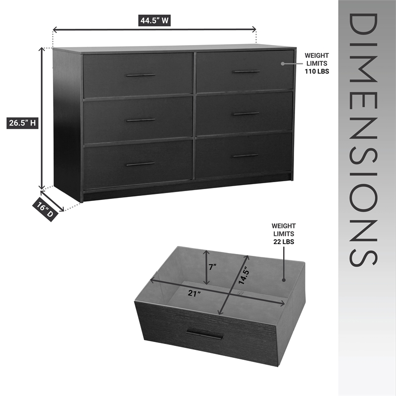 Pemberly Row Modern 6-Drawer Dresser with Large Fabric Drawers in Black