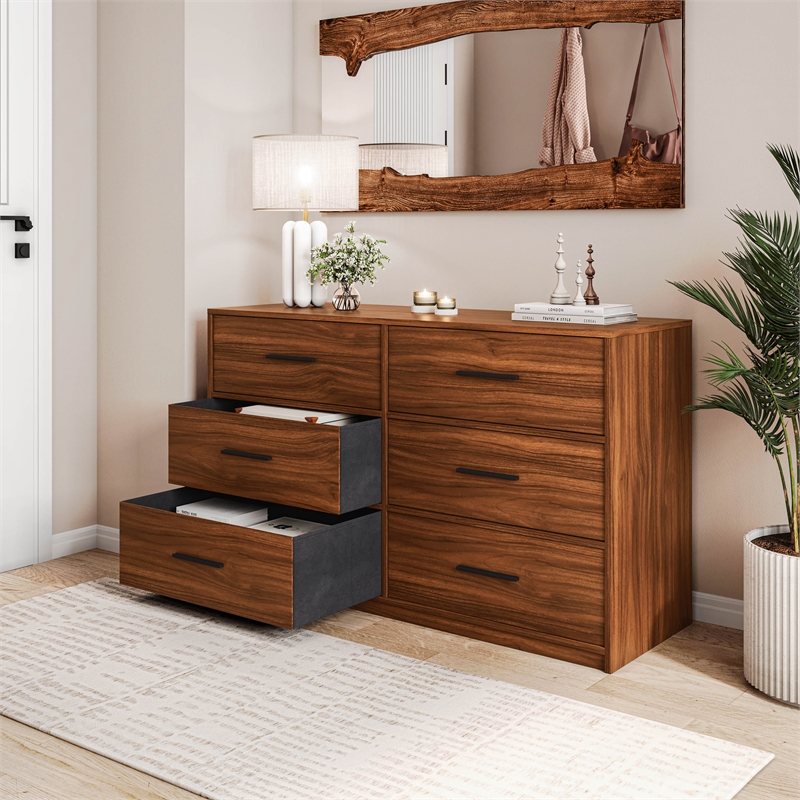 Pemberly Row Modern 6-Drawer Dresser with Large Fabric Drawers in Walnut