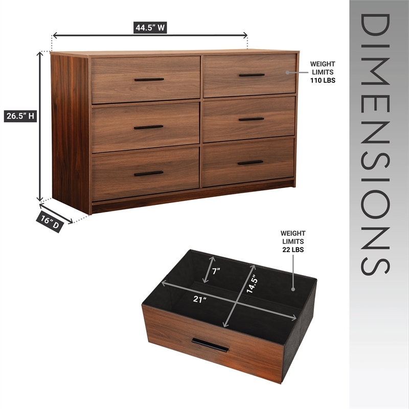 Pemberly Row Modern 6-Drawer Dresser with Large Fabric Drawers in Walnut