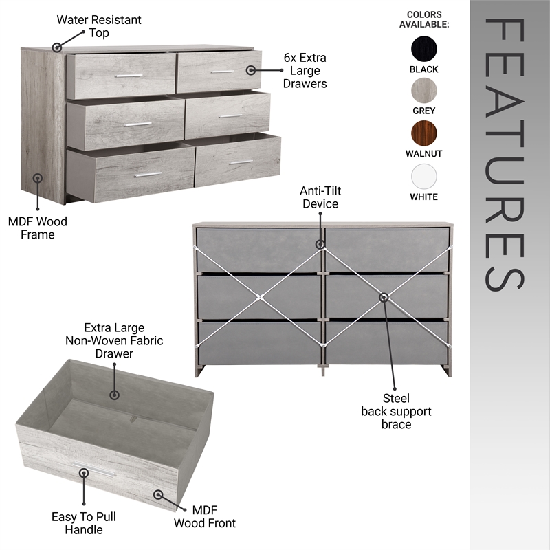 Pemberly Row Modern 6-Drawer Dresser with Large Fabric Drawers in Grey