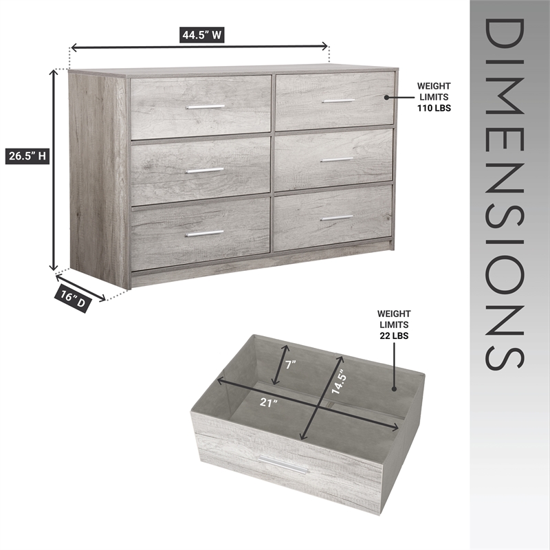 Pemberly Row Modern 6-Drawer Dresser with Large Fabric Drawers in Grey