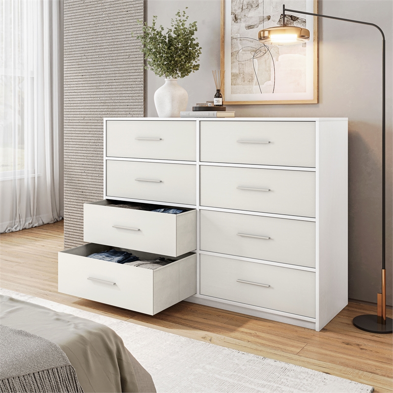 Pemberly Row Modern 8-Drawer Dresser with Large Fabric Drawers in White