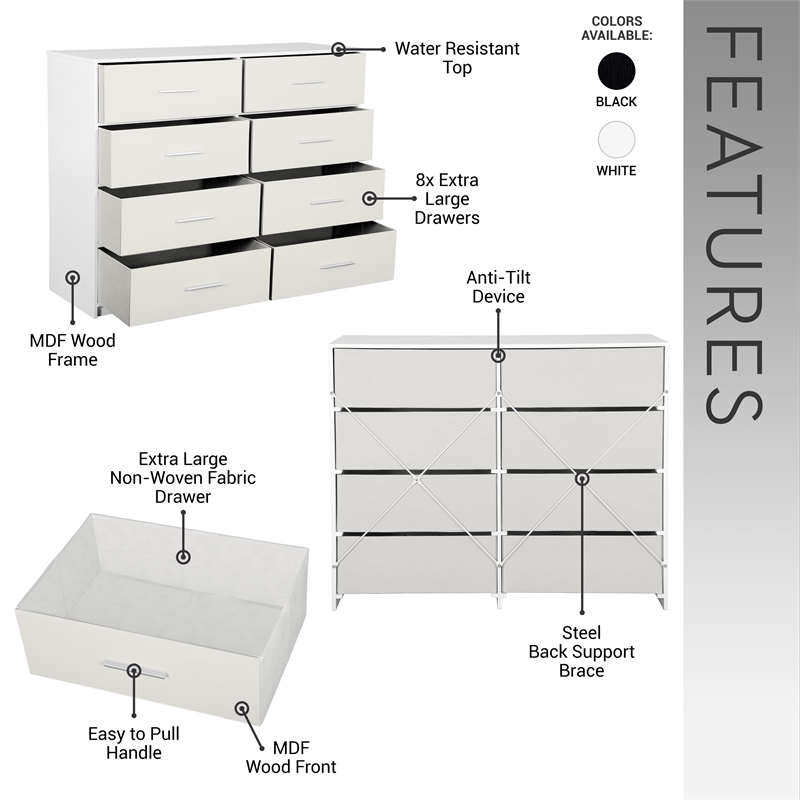 Pemberly Row Modern 8-Drawer Dresser with Large Fabric Drawers in White