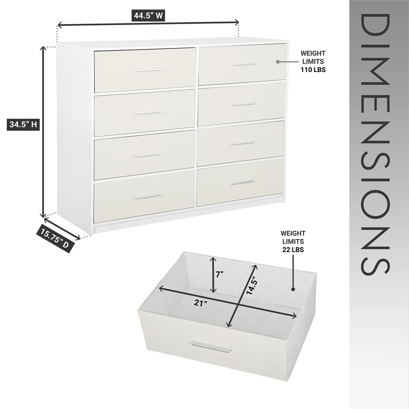 Pemberly Row Modern 8-Drawer Dresser with Large Fabric Drawers in White