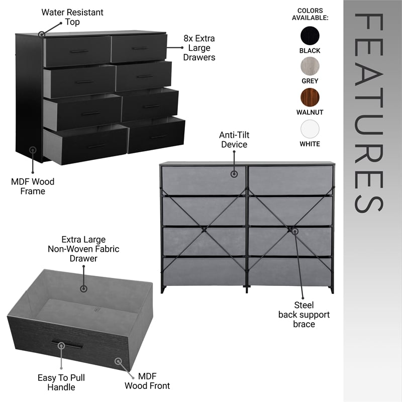 Pemberly Row Modern 8-Drawer Dresser with Large Fabric Drawers in Black