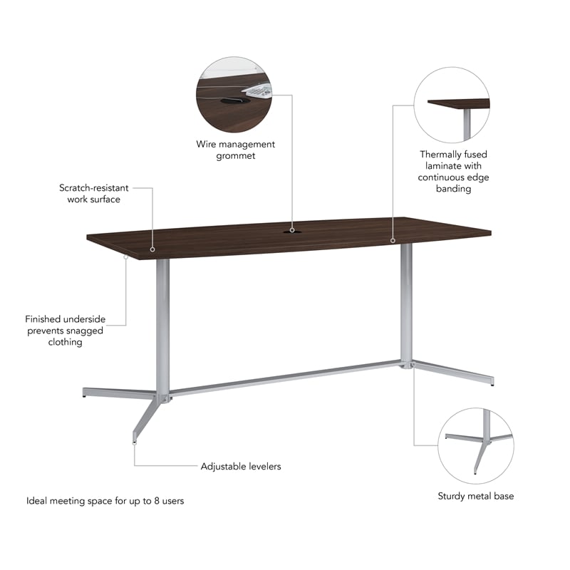 Pemberly Row 72W Wood Office Conference Table with Metal Base in Black Walnut