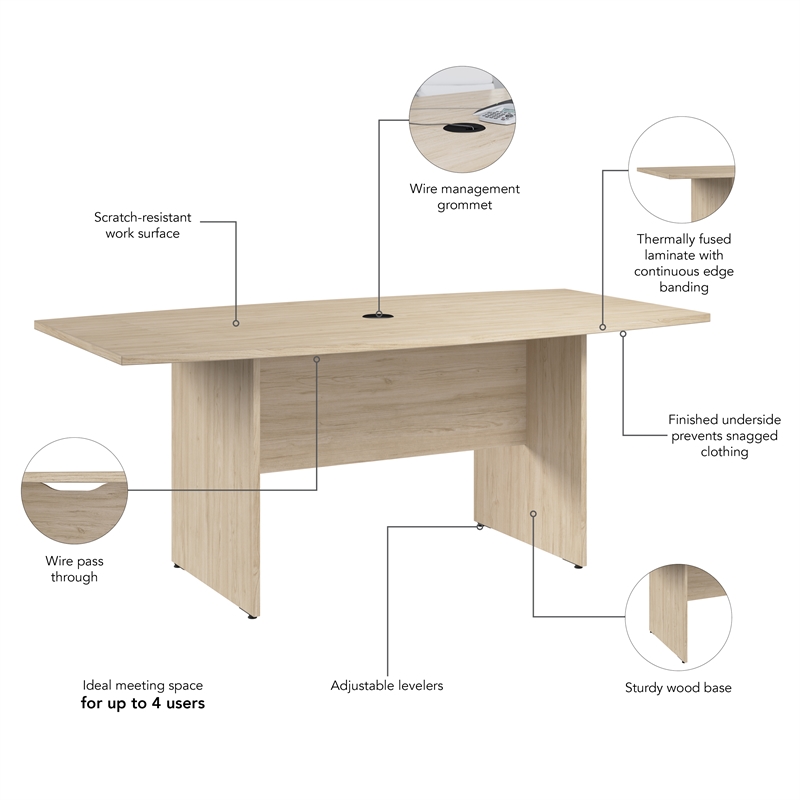 Pemberly Row 72W Wood Office Conference Table with Wooden Base in Natural Elm