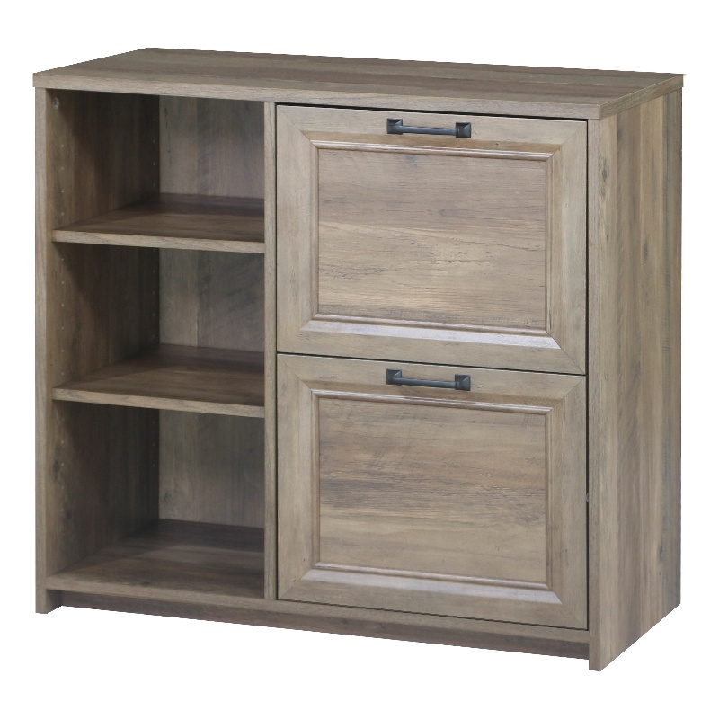 Pemberly Row 2-Piece Office Set: Oak Wood L-Shaped Desk and 2-Drawer File Cabinet with Shelves in Mo