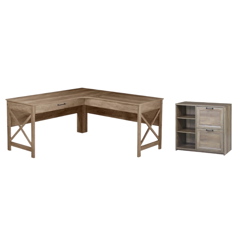Pemberly Row 2-Piece Office Set: Oak Wood L-Shaped Desk and 2-Drawer File Cabinet with Shelves in Mo