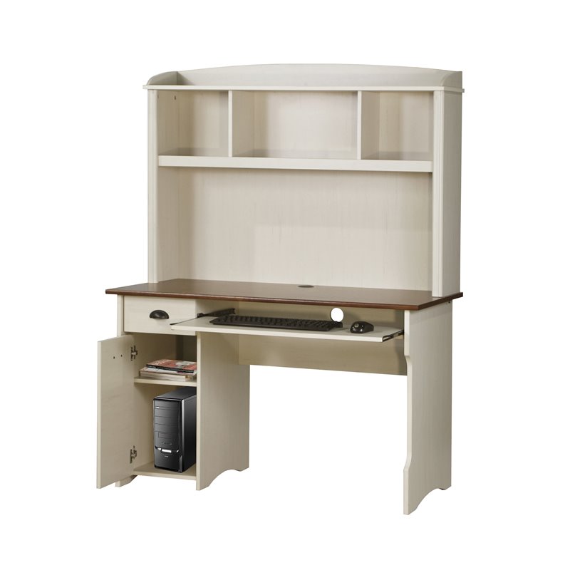 Pemberly Row Modern Wood Writing Desk with Hutch in Maple/Antique White