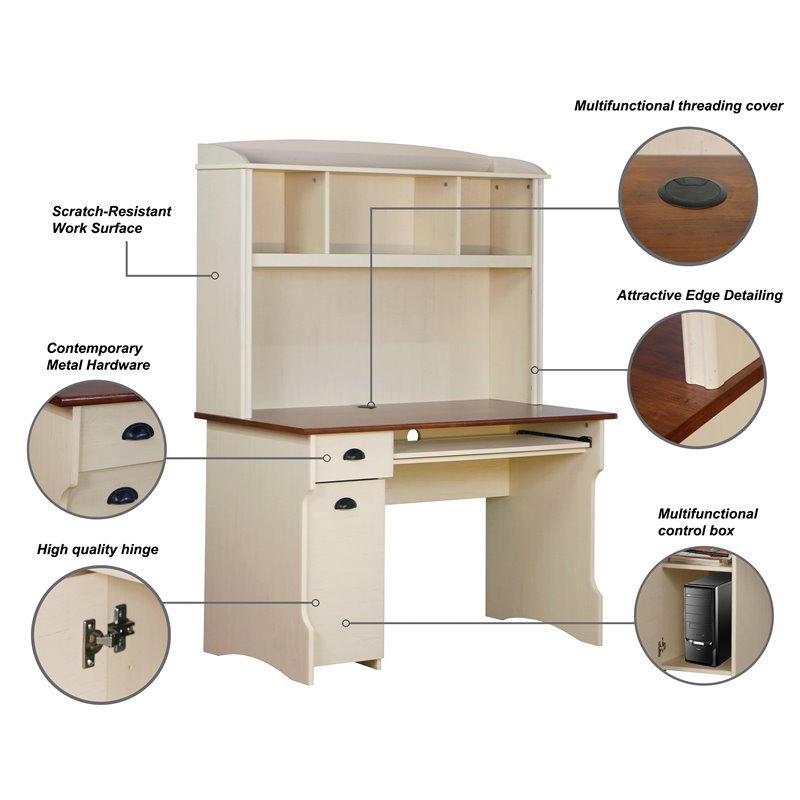 Pemberly Row Modern Wood Writing Desk with Hutch in Maple/Antique White