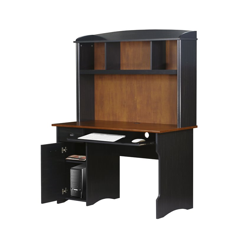 Pemberly Row Modern Wood Writing Desk with Hutch in Maple/Antique Black