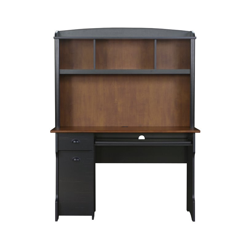 Pemberly Row Modern Wood Writing Desk with Hutch in Maple/Antique Black