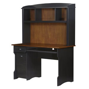 Pemberly Row Modern Wood Writing Desk with Hutch in Maple/Antique Black