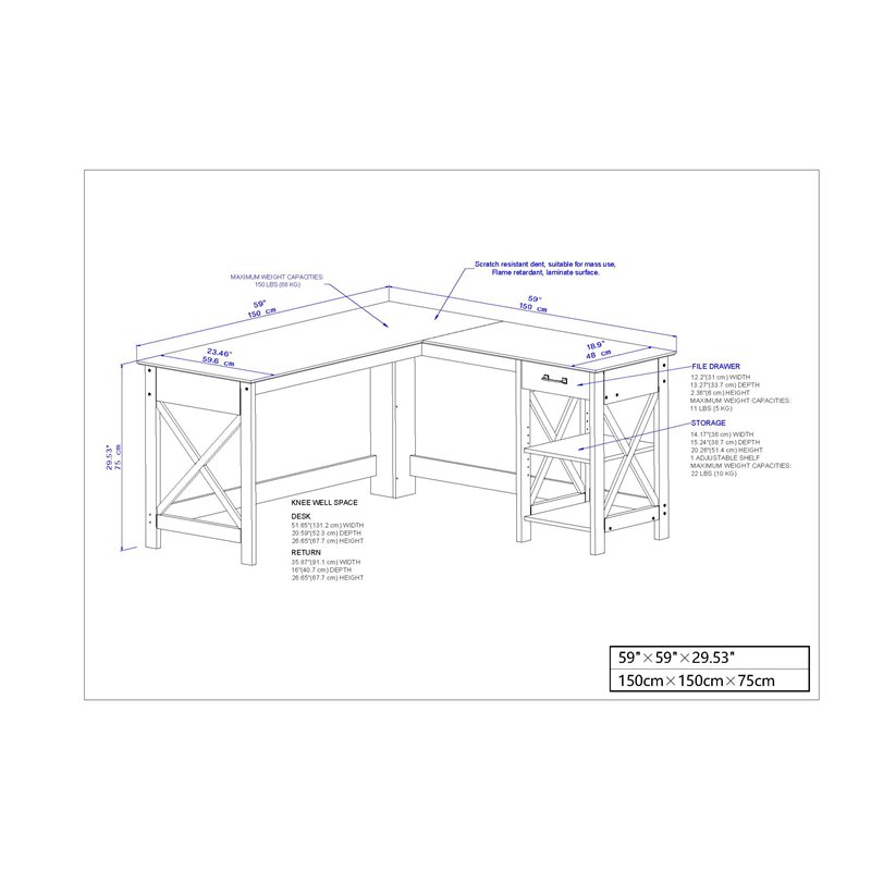 Pemberly Row L-Shaped Farmhouse Wood Desk with 2 Shelves in White
