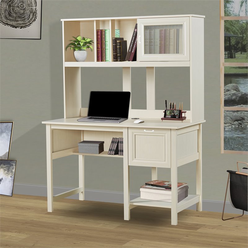 Pemberly Row Modern Wood Writing Desk with Hutch in Antique White