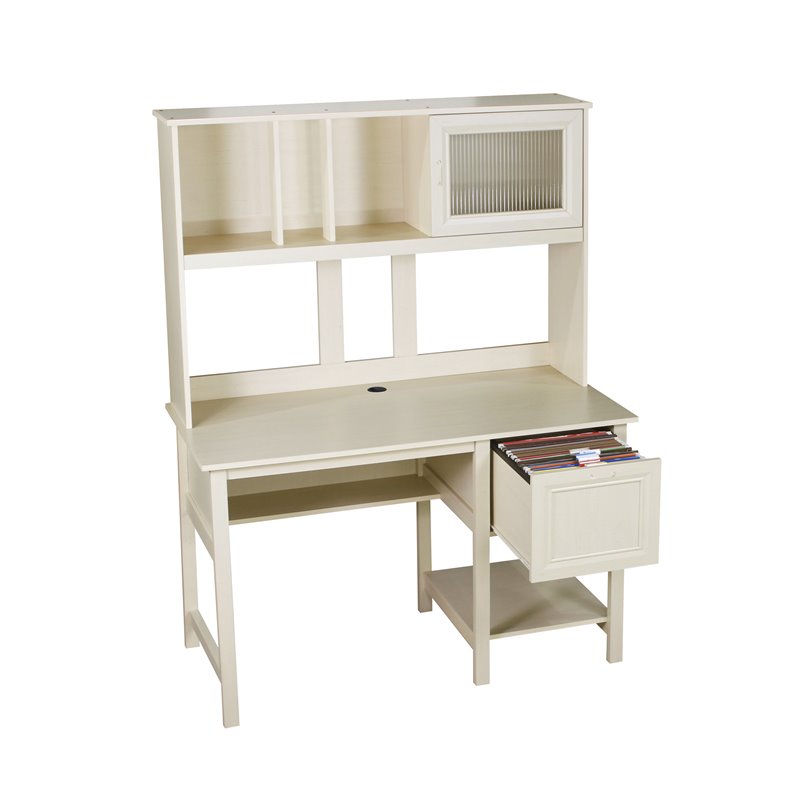 Pemberly Row Modern Wood Writing Desk with Hutch in Antique White