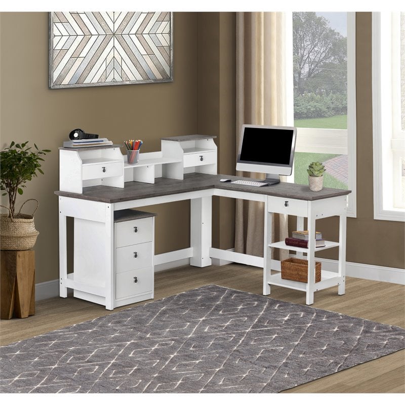 Pemberly Row L-Shaped Modern Wood Writing Desk in White/Driftwood