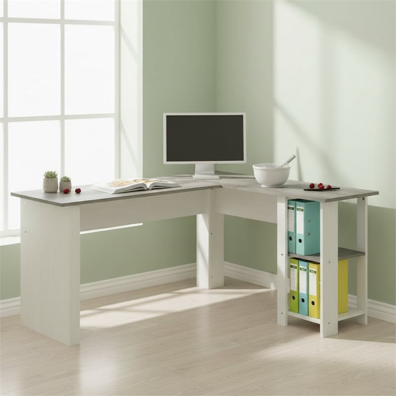 Pemberly Row L-Shaped Transitional Wood Executive Desk in Antique White