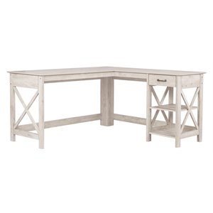 Pemberly Row L-Shaped Farmhouse Wood Writing Desk in Washed Gray