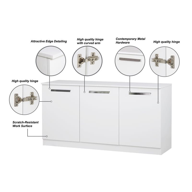 Pemberly Row Contemporary Wood 3 Door Credenza File Cabinet in White