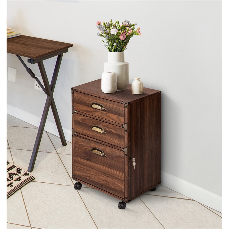 Pemberly Row Mobile Wood Filing Cabinet With 3 Drawer in Walnut