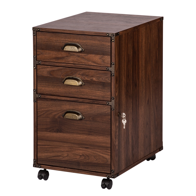 Pemberly Row Mobile Wood Filing Cabinet With 3 Drawer in Walnut