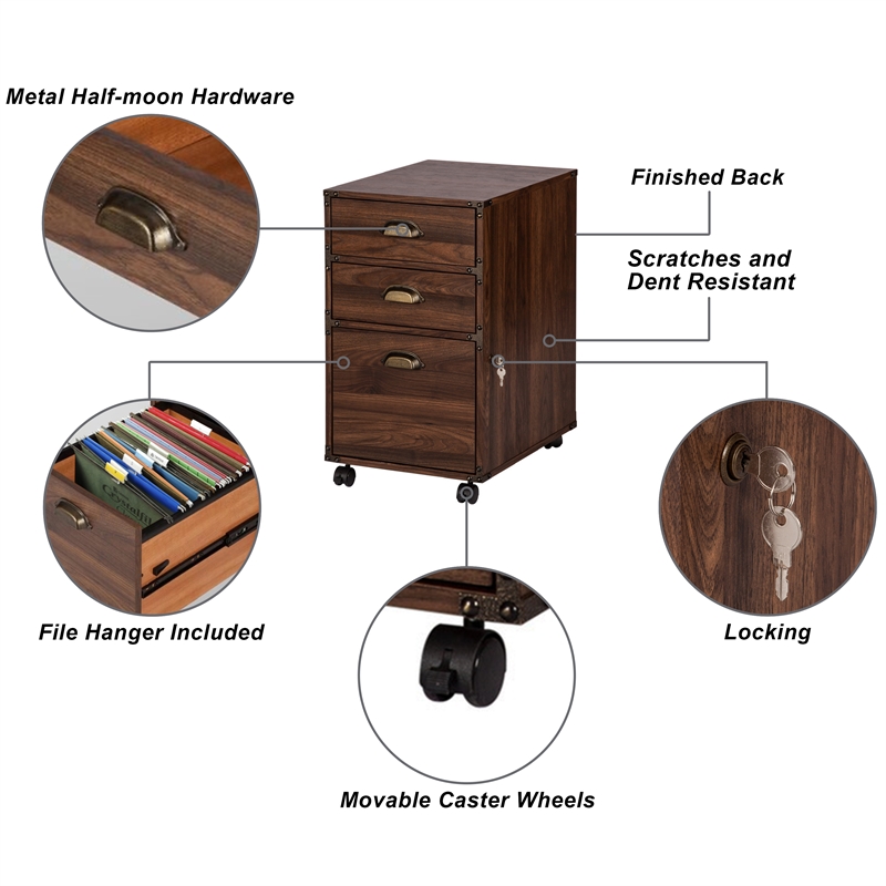 Pemberly Row Mobile Wood Filing Cabinet With 3 Drawer in Walnut
