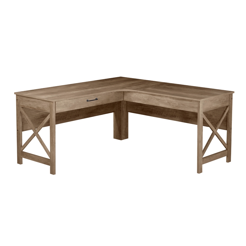 Pemberly Row Modern Farmhouse L-Shaped Desk with Drawer in Oak