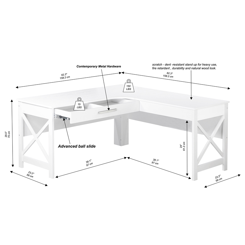 Pemberly Row Modern Farmhouse L-Shaped Desk with Drawer in White