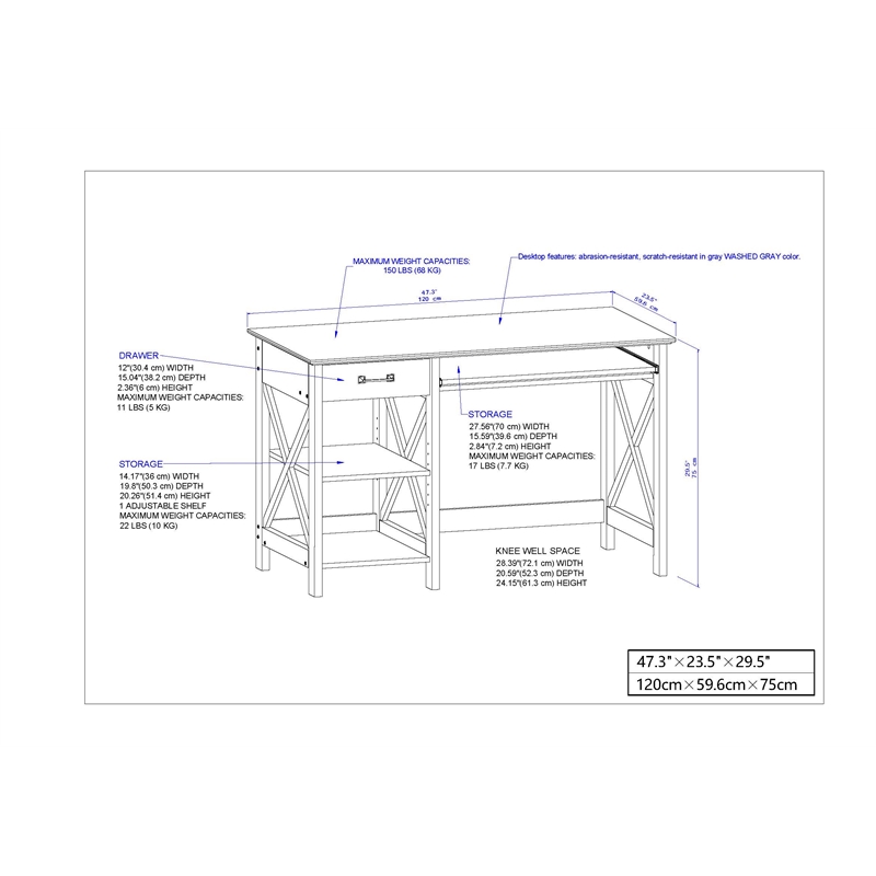 Pemberly Row Contemporary 47-inch Writing Desk in Washed Gray