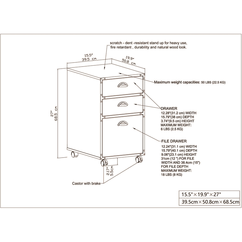 Pemberly Row Contemporary 3 Drawers Wood Mobile File Cabinet in Walnut