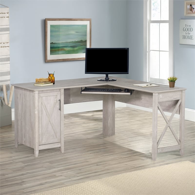 Pemberly Row Contemporary Engineered Wood Farmhouse L Desk in Gray