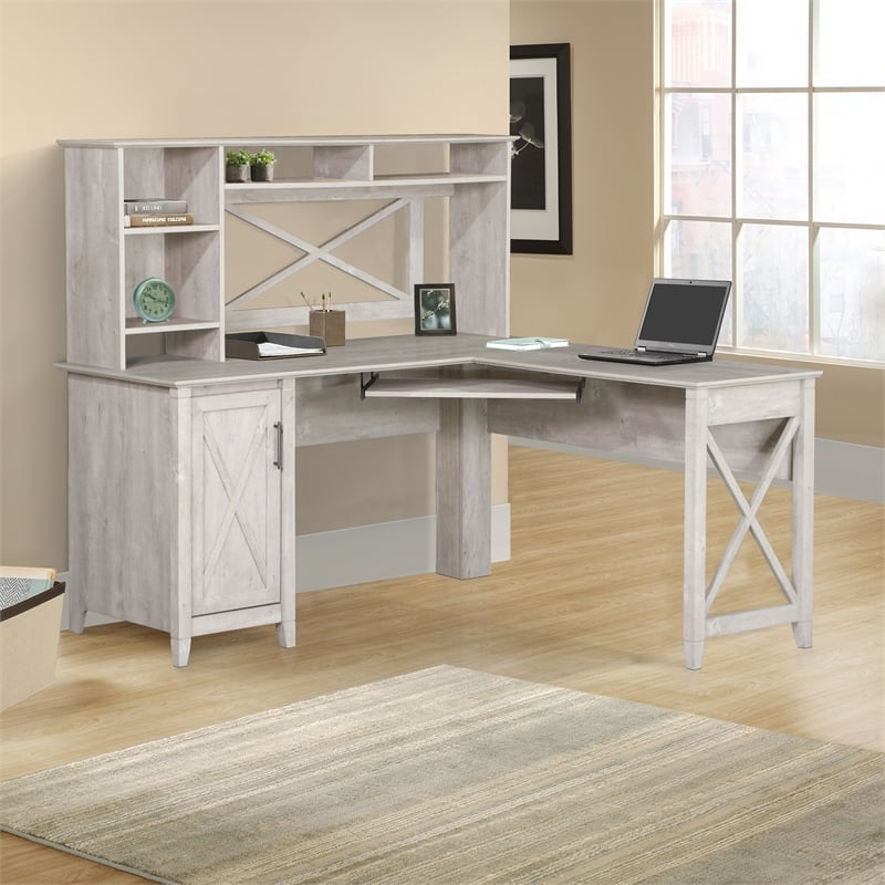 Pemberly Row Contemporary Engineered Wood Farmhouse L Desk in Gray