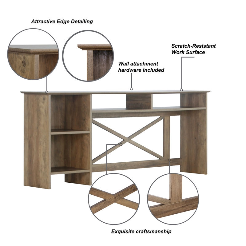 Pemberly Row Engineered Wood Farmhouse Hutch Desk with Cabinet in Brown