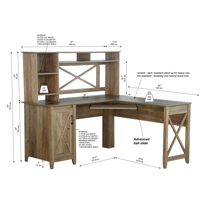 Pemberly Row Engineered Wood Farmhouse Hutch Desk with Cabinet in Brown