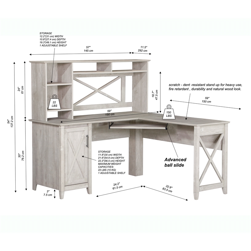 Pemberly Row Engineered Wood Farmhouse Hutch Desk with Cabinet in Gray