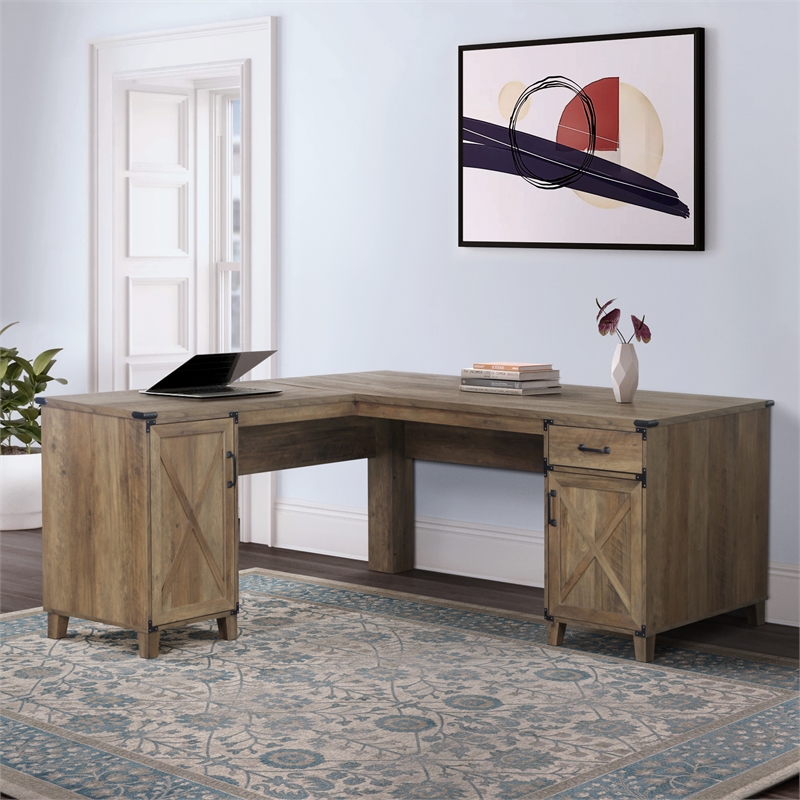 Pemberly Row Farmhouse Engineered Wood L-Shaped Desk in Rustic Oak