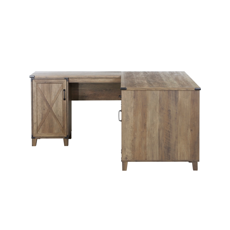 Pemberly Row Farmhouse Engineered Wood L-Shaped Desk in Rustic Oak