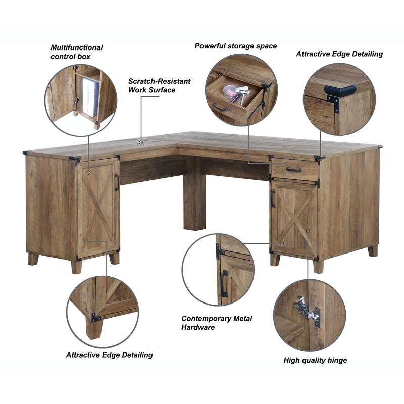 Pemberly Row Farmhouse Engineered Wood L-Shaped Desk in Rustic Oak
