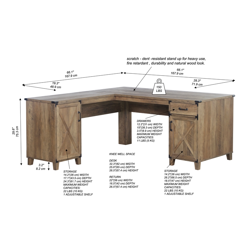 Pemberly Row Farmhouse Engineered Wood L-Shaped Desk in Rustic Oak