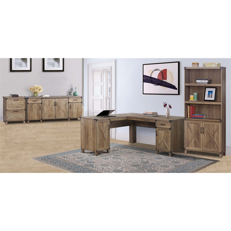 Pemberly Row Farmhouse Engineered Wood L-Shaped Desk in Rustic Oak
