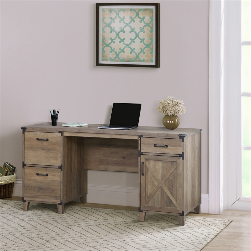Pemberly Row Farmhouse Engineered Wood Executive Desk in Rustic Oak
