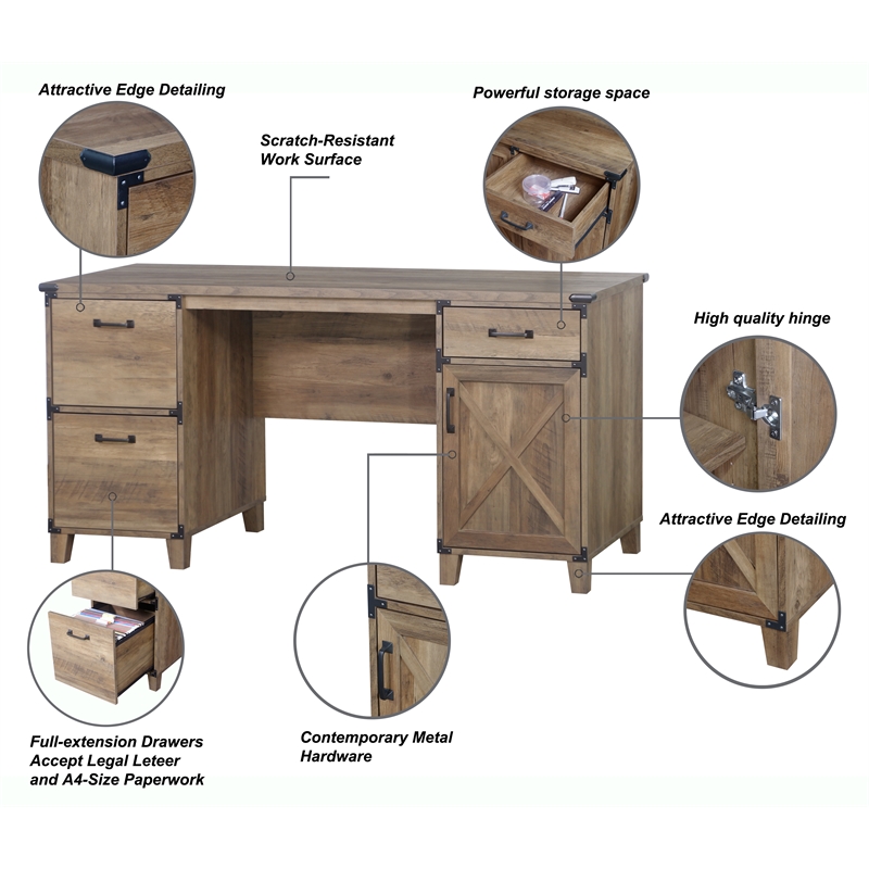 Pemberly Row Farmhouse Engineered Wood Executive Desk in Rustic Oak