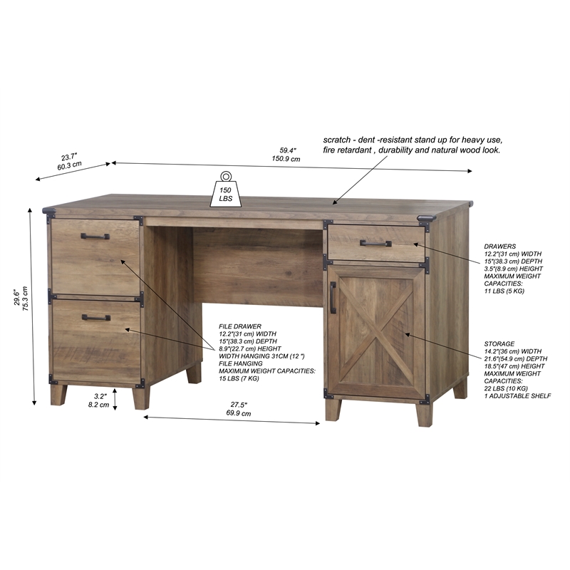 Pemberly Row Farmhouse Engineered Wood Executive Desk in Rustic Oak