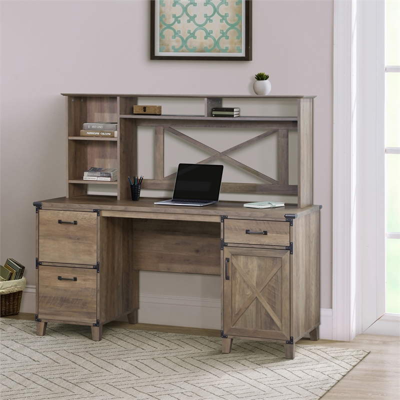 Pemberly Row Farmhouse Engineered Wood Executive Desk in Rustic Oak
